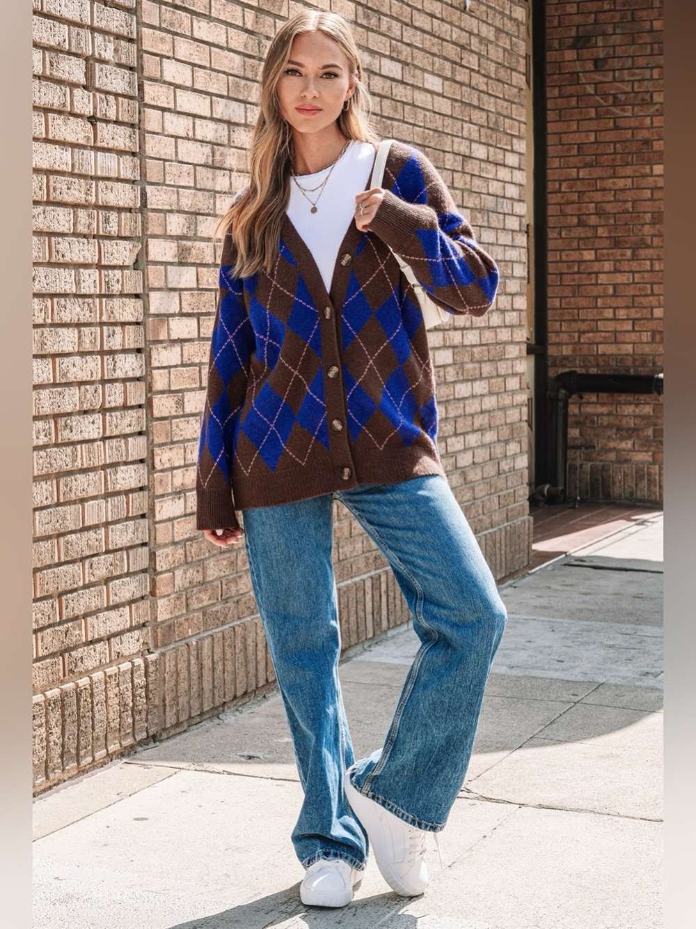 Cupshe • Women’s Cozy Blue & Brown Argyle Button-Up Cardigan Sweater Small NWT - Picture 3 of 6